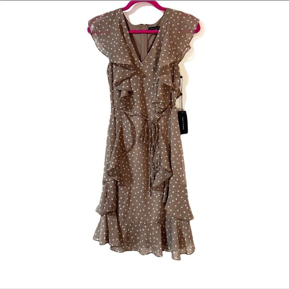 Tommy Hilfiger Fit & Flare Ruffle Dress Polka Dot Tan Taupe Women’s Size 6 NWT - Picture 3 of 8